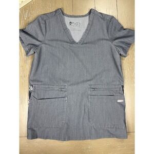 Figs Scrub Top Womens Small Three Pocket Nurse Medical Gray V-Neck Short sleeve